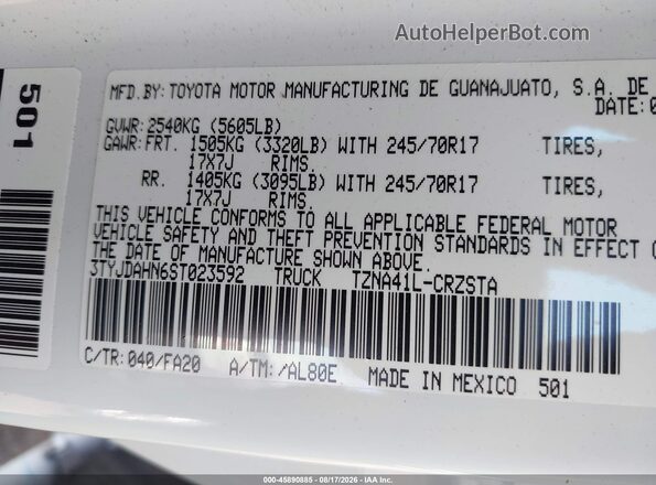 3TYJDAHN6ST023592 2025 TOYOTA TACOMA White Вид підкапотного простору