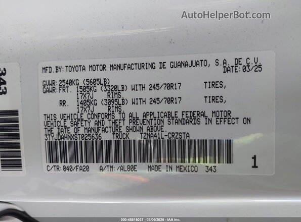3TYJDAHNXST025636 2025 TOYOTA TACOMA White Trasero derecho