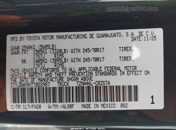 3TYJDAKNXTT022987 2026 TOYOTA TACOMA Gray Engine compartment view