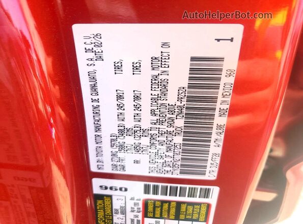 3TYKB5FN2TT037253 2026 TOYOTA TACOMA Red Շարժիչի բաժամունքի տեսք