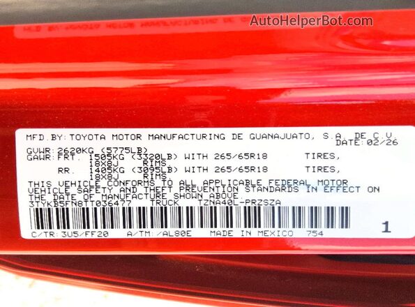 3TYKB5FN8TT036477 2026 TOYOTA TACOMA Red Vista del compartimento del motor