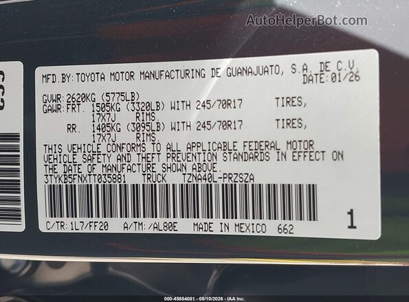 3TYKB5FNXTT035881 2026 TOYOTA TACOMA Gray Vista del compartimento del motor