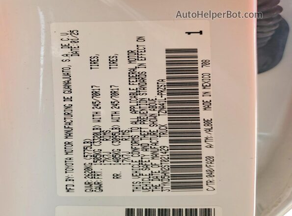 3TYKD5HN2ST021429 2025 TOYOTA TACOMA White Widok naklejki z numerem VIN