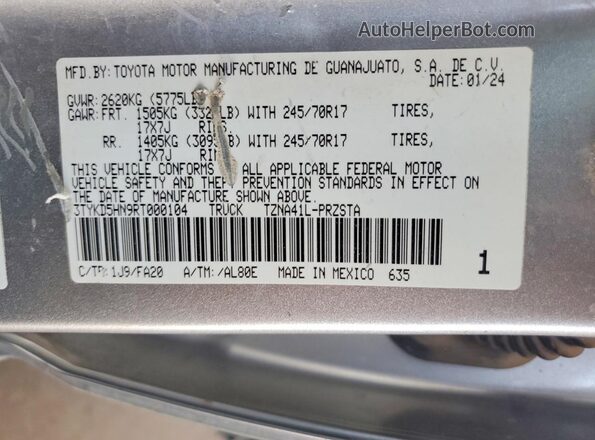 3TYKD5HN9RT000104 2024 TOYOTA TACOMA Silver VIN կոդի պիտակի տեսք