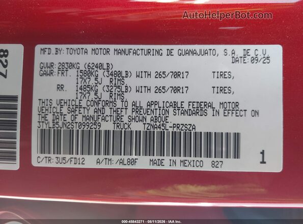 3TYLB5JN2ST099259 2025 TOYOTA TACOMA Maroon Vista del compartimento del motor