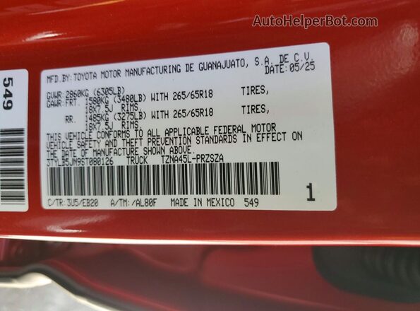 3TYLB5JN9ST080126 2025 TOYOTA TACOMA Red Շարժիչի բաժամունքի տեսք