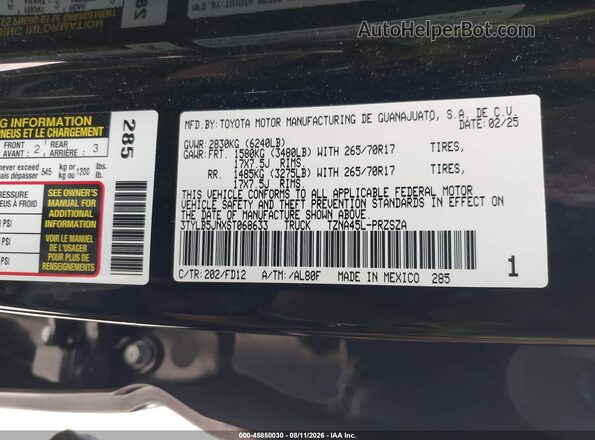 3TYLB5JNXST068633 2025 TOYOTA TACOMA Black Vista del compartimento del motor