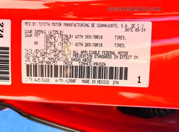 3TYLC5LN9RT006757 2024 TOYOTA TACOMA Orange VIN sticker view