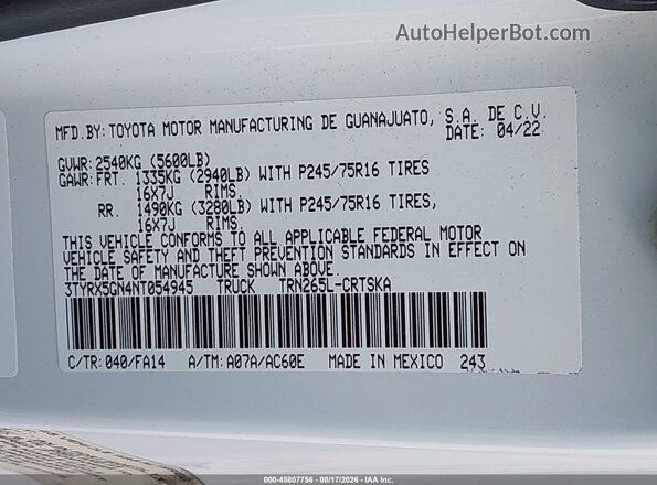 3TYRX5GN4NT054945 2022 TOYOTA TACOMA White Շարժիչի բաժամունքի տեսք