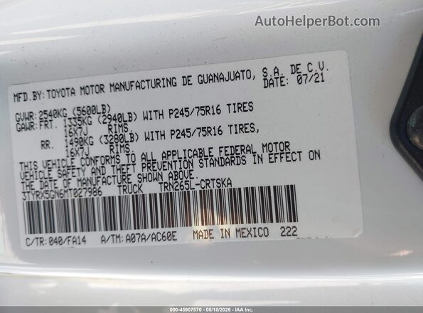 3TYRX5GN6MT027986 2021 TOYOTA TACOMA White Շարժիչի բաժամունքի տեսք
