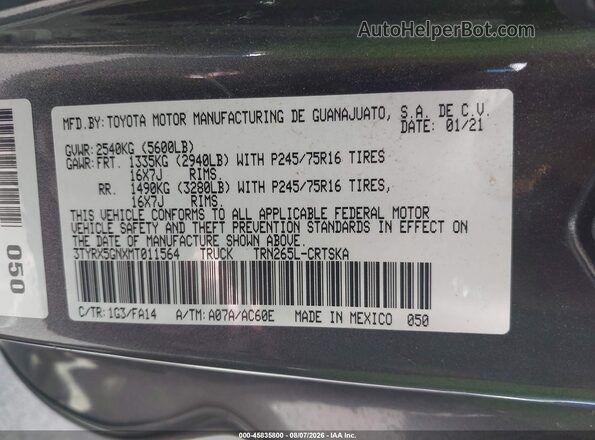 3TYRX5GNXMT011564 2021 TOYOTA TACOMA Gray Շարժիչի բաժամունքի տեսք