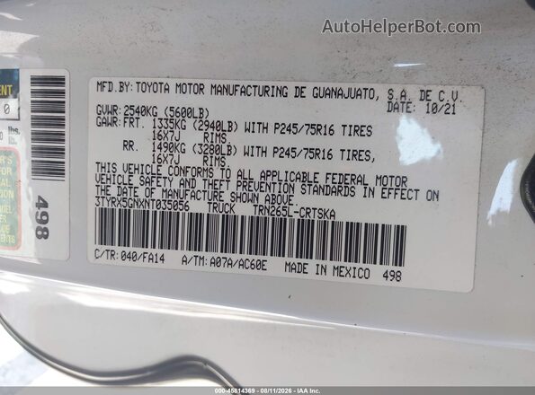 3TYRX5GNXNT035056 2022 TOYOTA TACOMA White ძრავის განყოფილების ხედი