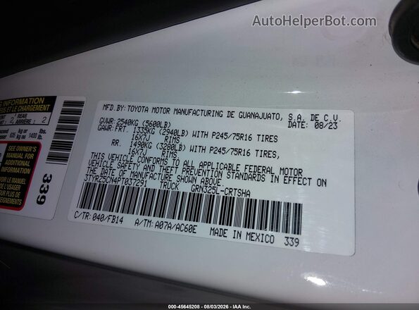 3TYRZ5CN4PT037291 2023 TOYOTA TACOMA White Vista del compartimento del motor