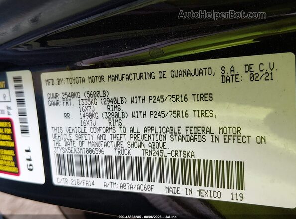 3TYSX5EN3MT006596 2021 TOYOTA TACOMA Black Vista del compartimento del motor