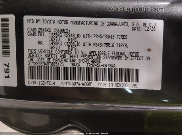 3TYSX5EN4MT005473 2021 TOYOTA TACOMA Gray წინა სალონის ხედი