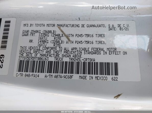 3TYSX5EN5MT006163 2021 TOYOTA TACOMA White Вид підкапотного простору