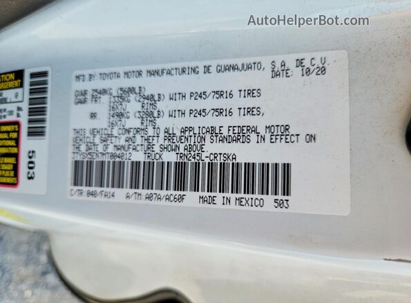 3TYSX5EN7MT004012 2021 TOYOTA TACOMA White Вид підкапотного простору