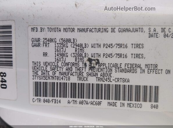 3TYSX5EN7NT014718 2022 TOYOTA TACOMA White Շարժիչի բաժամունքի տեսք
