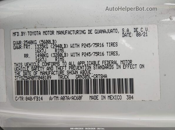 3TYSZ5AN0MT048109 2021 TOYOTA TACOMA Белый Вид подкапотного пространства