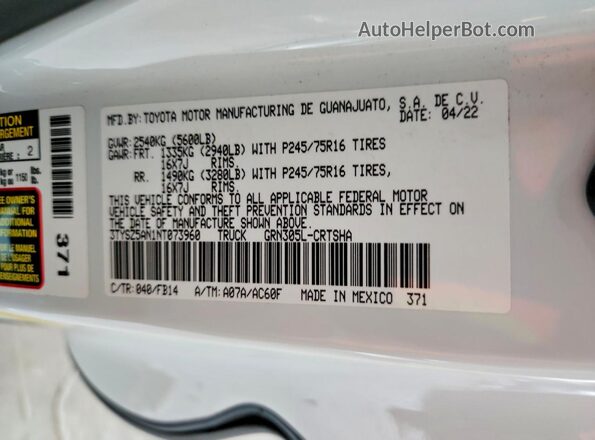 3TYSZ5AN1NT073960 2022 TOYOTA TACOMA White Շարժիչի բաժամունքի տեսք