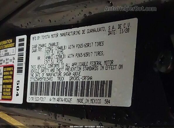 3TYSZ5AN5MT015493 2021 TOYOTA TACOMA Gray Vista del compartimento del motor