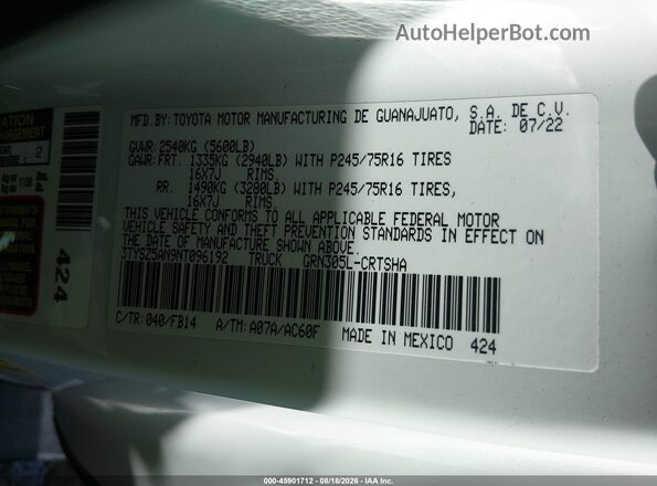 3TYSZ5AN9NT096192 2022 TOYOTA TACOMA Белый Вид подкапотного пространства