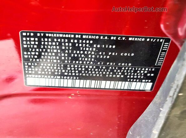 3VV0B7AX0JM108231 2018 VOLKSWAGEN TIGUAN Burgundy Вид наклейки з VIN-кодом