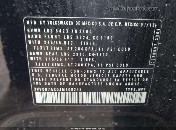 3VV0B7AX0JM108245 2018 VOLKSWAGEN TIGUAN Black Շարժիչի բաժամունքի տեսք