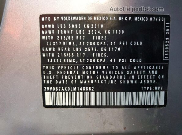 3VV0B7AX0LM148862 2020 VOLKSWAGEN TIGUAN Silver VIN კოდის სტიკერის ხედი