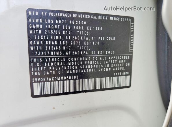 3VV0B7AX0MM060203 2021 VOLKSWAGEN TIGUAN White Вид підкапотного простору