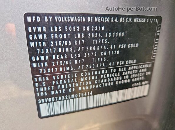 3VV0B7AX2LM075414 2020 VOLKSWAGEN TIGUAN Silver Widok naklejki z numerem VIN