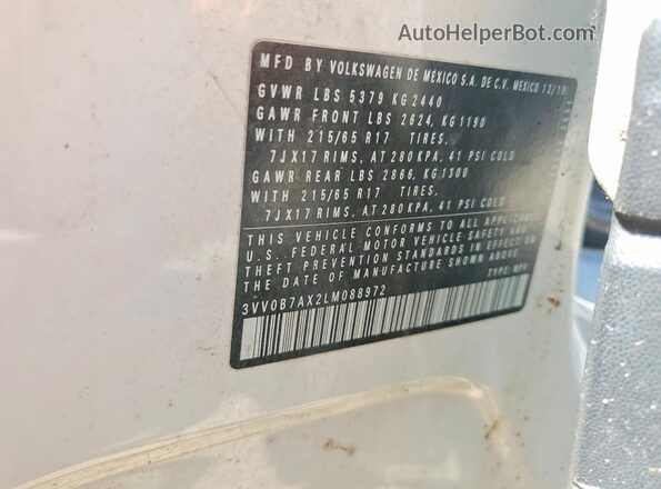 3VV0B7AX2LM088972 2020 VOLKSWAGEN TIGUAN White Вид наклейки з VIN-кодом