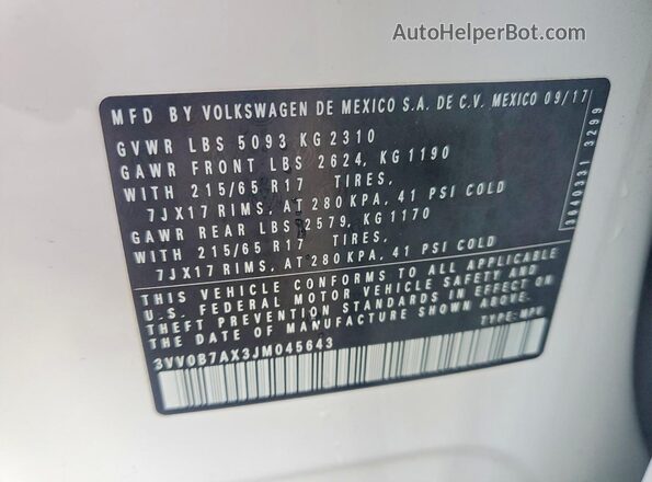 3VV0B7AX3JM045643 2018 VOLKSWAGEN TIGUAN Белый Вид наклейки с VIN-кодом