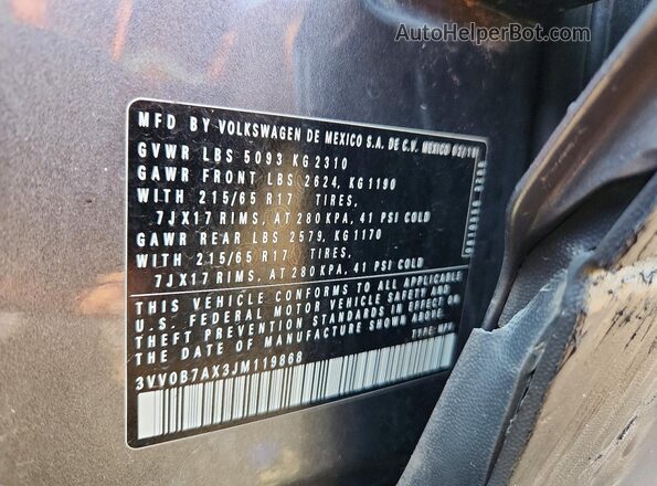 3VV0B7AX3JM119868 2018 VOLKSWAGEN TIGUAN Серый Вид наклейки с VIN-кодом