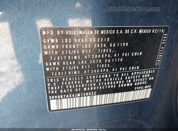 3VV0B7AX4JM126022 2018 VOLKSWAGEN TIGUAN Blue ძრავის განყოფილების ხედი