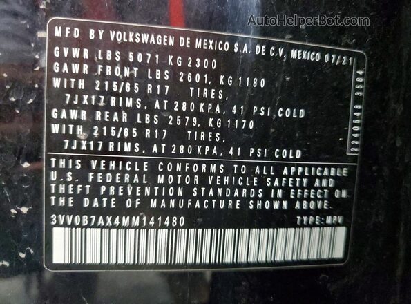 3VV0B7AX4MM141480 2021 VOLKSWAGEN TIGUAN Charcoal Вид наклейки з VIN-кодом