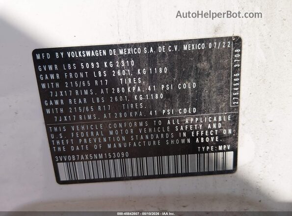 3VV0B7AX5NM153090 2022 VOLKSWAGEN TIGUAN White Widok komory silnika