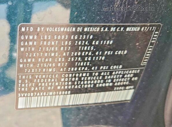 3VV0B7AX6JM018968 2018 VOLKSWAGEN TIGUAN Зеленый Вид подкапотного пространства
