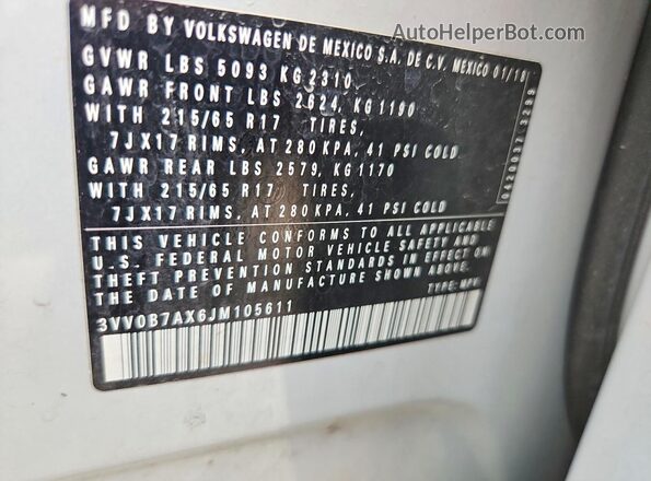 3VV0B7AX6JM105611 2018 VOLKSWAGEN TIGUAN White Вид наклейки з VIN-кодом