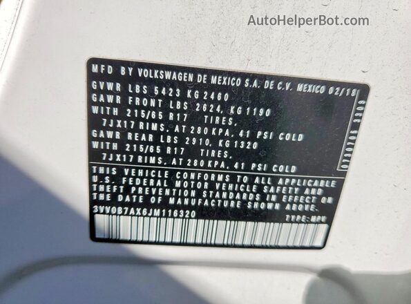 3VV0B7AX6JM116320 2018 VOLKSWAGEN TIGUAN White Widok naklejki z numerem VIN
