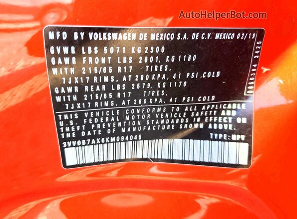 3VV0B7AX6KM094045 2019 VOLKSWAGEN TIGUAN Orange Вид наклейки з VIN-кодом