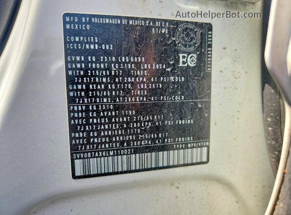 3VV0B7AX6LM110021 2020 VOLKSWAGEN TIGUAN White VIN կոդի պիտակի տեսք