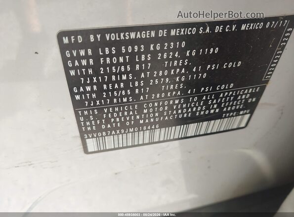 3VV0B7AX9JM018446 2018 VOLKSWAGEN TIGUAN Серебряный Вид подкапотного пространства