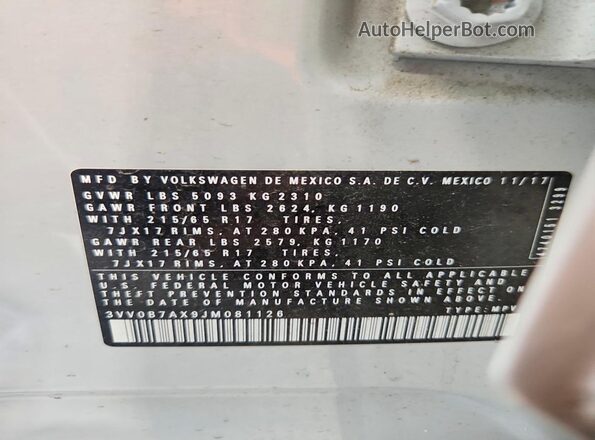 3VV0B7AX9JM081126 2018 VOLKSWAGEN TIGUAN Silver Vista de la etiqueta del VIN