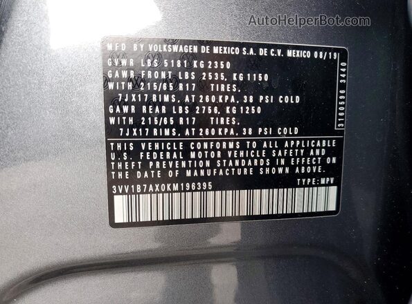 3VV1B7AX0KM196395 2019 VOLKSWAGEN TIGUAN Gray Vista de la etiqueta del VIN