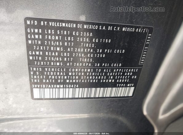 3VV1B7AX0MM150424 2021 VOLKSWAGEN TIGUAN Gray Вид підкапотного простору