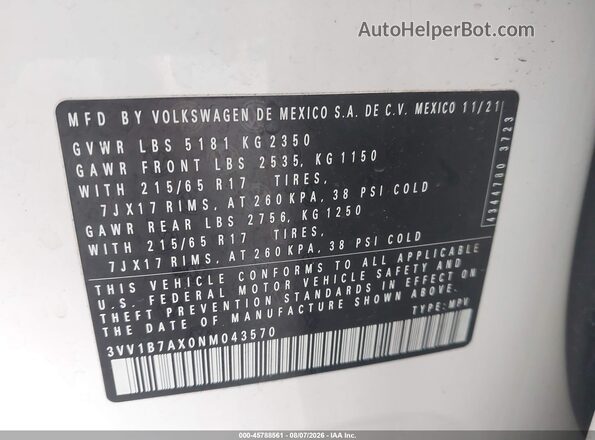 3VV1B7AX0NM043570 2022 VOLKSWAGEN TIGUAN White Vista del compartimento del motor