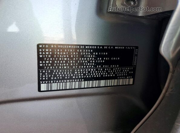 3VV1B7AX0NM058019 2022 VOLKSWAGEN TIGUAN Silver სალონის 360-გრადუსიანი ხედი