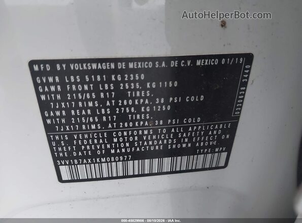 3VV1B7AX1KM080977 2019 VOLKSWAGEN TIGUAN Белый Вид подкапотного пространства