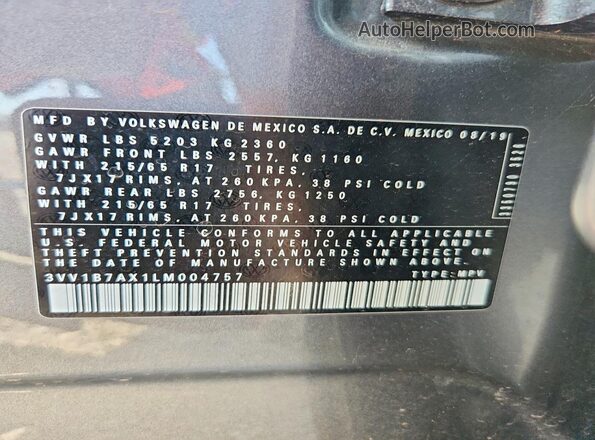 3VV1B7AX1LM004757 2020 VOLKSWAGEN TIGUAN Gray VIN կոդի պիտակի տեսք